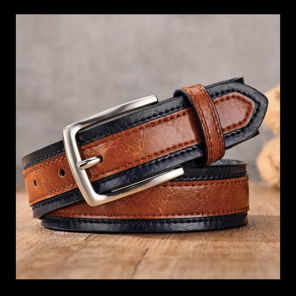 New Men's Two Tone Brown/Dark Blue Leather Belt